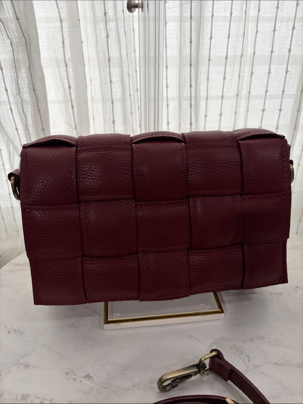 Woven Leather Crossbody Bag in Deep Wine